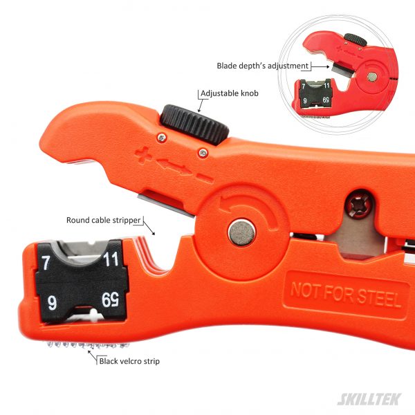 Multi-Function Cable Stripper: Versatile for Coax, Twisted Pair, Telephone, and More. Adjustable Blade Depth, Integrated Cutter, and Reversible Cassettes.