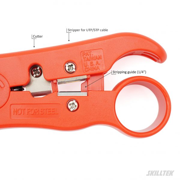 Multi-Function Cable Stripper: Versatile for Coax, Twisted Pair, Telephone, and More. Adjustable Blade Depth, Integrated Cutter, and Reversible Cassettes.