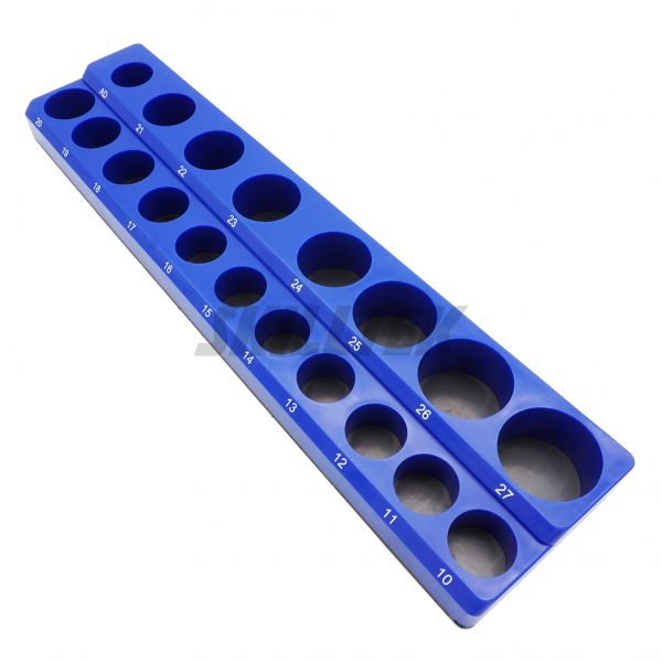 1/2" Dr. Magnetic Socket Tray (10-27mm) with 19 slots for shallow/deep sockets. Magnetic base and rubberized protection. Made in Taiwan.