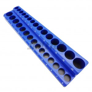 3/8" Dr. Magnetic Socket Tray (6-20mm) with 30 slots for shallow/deep sockets. Magnetic base and rubberized protection. Made in Taiwan.