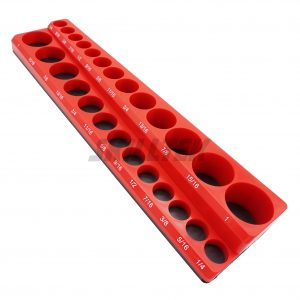 3/8" Dr. Magnetic Socket Tray (1/4"-1") with 26 slots for shallow/deep sockets. Magnetic base and rubberized protection. Made in Taiwan.