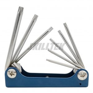 8pcs Folding Star Key Wrench Set, sizes T9-T40, foldable design in a durable metal case. Ideal for workshops, mechanics, and home use. Made in Taiwan.