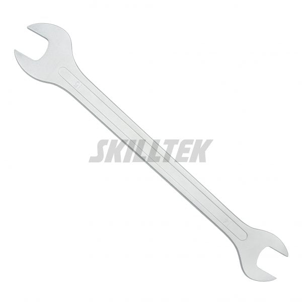 Low-profile Open End Wrench, 400CRV, silvering finish, half to one-third thinner than standard wrenches, multiple sizes. Ideal for tight spaces. Made in Taiwan.