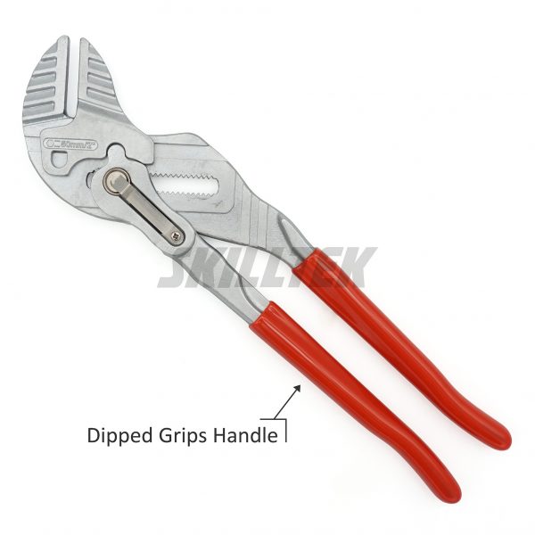 Adjustable wrench pliers with smooth jaws, ergonomic handles, and effortless size adjustment. Ideal for tubing work. Made in Taiwan.