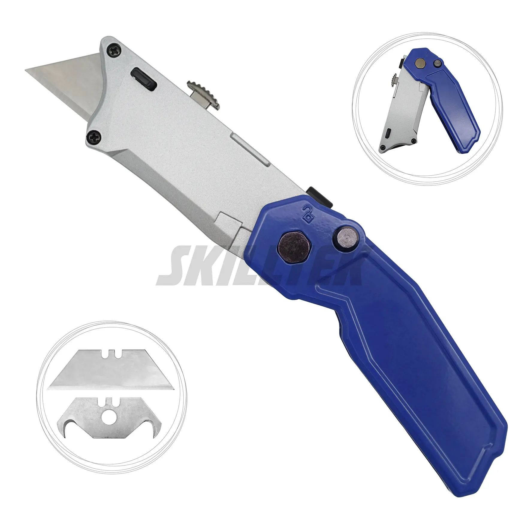 SKBBC023_Dual-blade folding knife with trapezoid and hook blades. Switch instantly with a slide button. Durable smooth zinc alloy handle.｜SKILLTEK