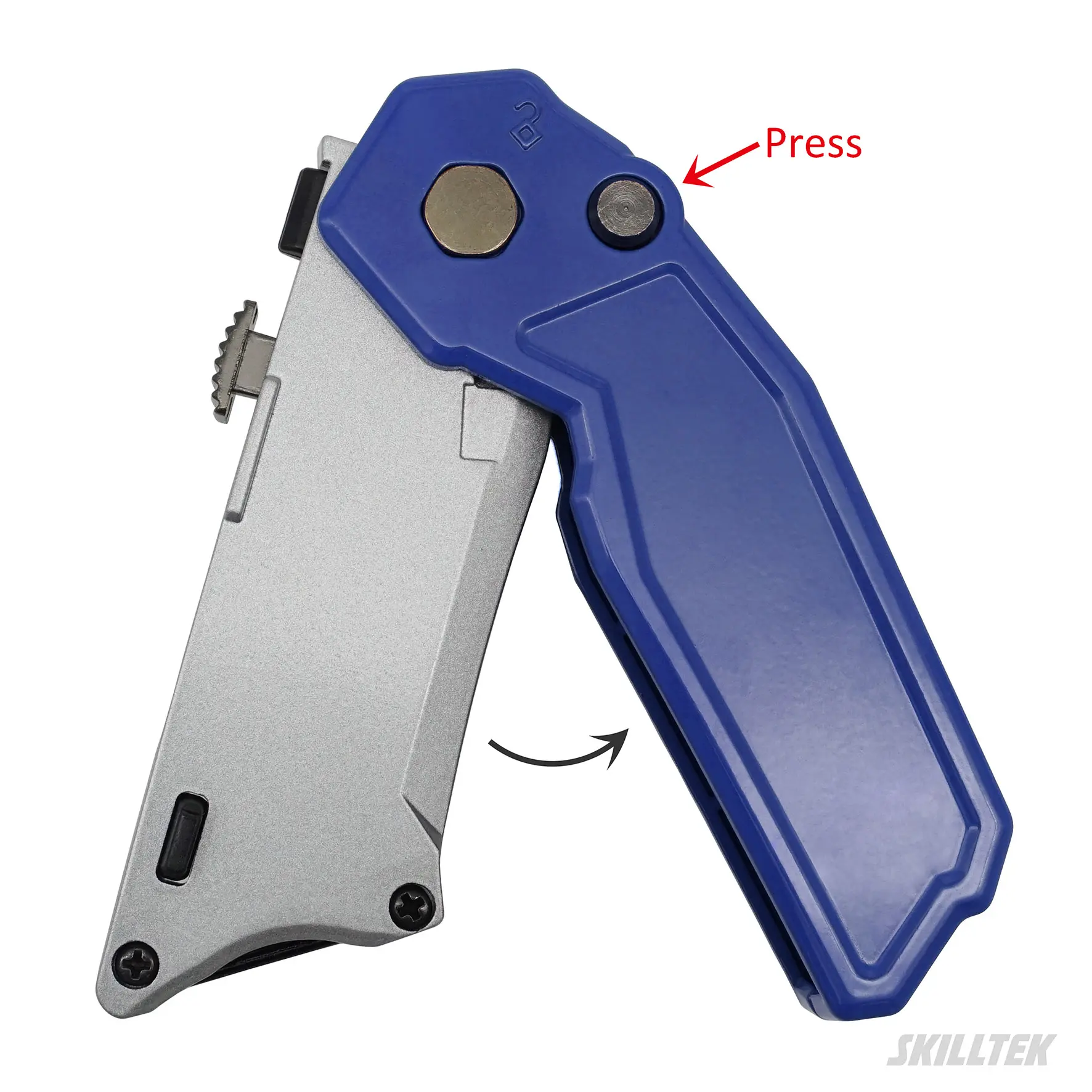 SKBBC023_Dual-blade folding knife with trapezoid and hook blades. Switch instantly with a slide button. Durable smooth zinc alloy handle.｜SKILLTEK