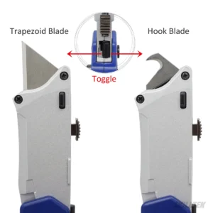SKBBC023_Dual-blade folding knife with trapezoid and hook blades. Switch instantly with a slide button. Durable smooth zinc alloy handle.｜SKILLTEK