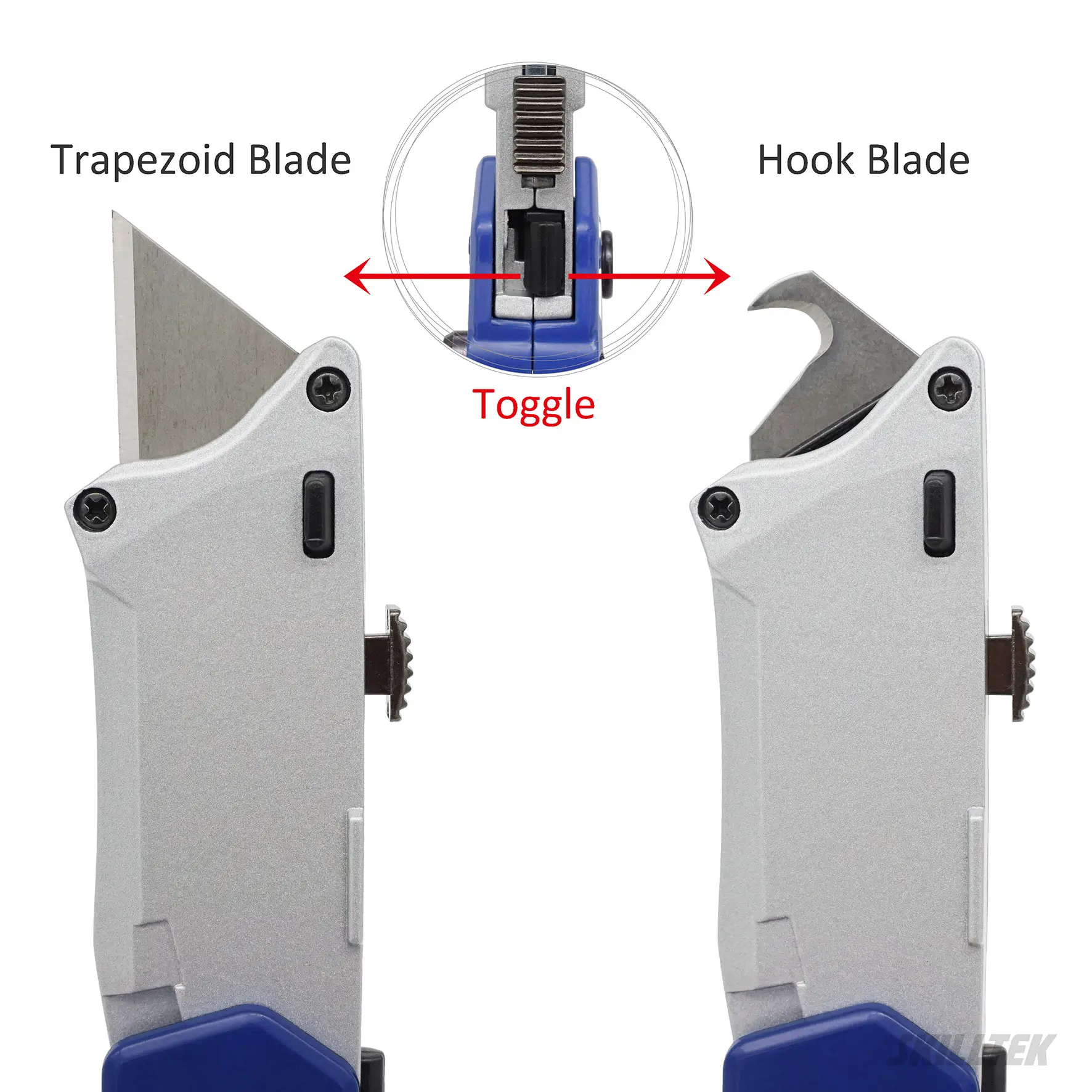 SKBBC023_Dual-blade folding knife with trapezoid and hook blades. Switch instantly with a slide button. Durable smooth zinc alloy handle.｜SKILLTEK