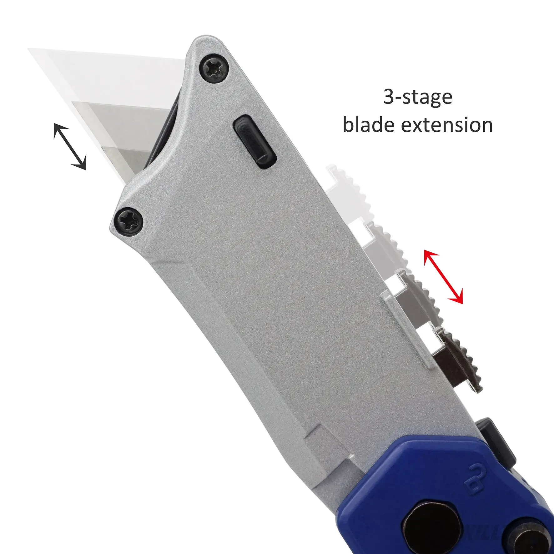 SKBBC023_Dual-blade folding knife with trapezoid and hook blades. Switch instantly with a slide button. Durable smooth zinc alloy handle.｜SKILLTEK