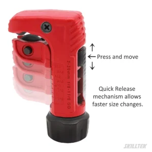 2025 patented mini tube cutter with quick-release system, 1/8"–1-1/8" cutting capacity. Zinc body, 7 bearings, inch/mm guides, brand customization.