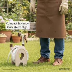 Mini hose reel with foldable handle and mounted holes. Includes hose and 7-pattern mini spray nozzle. Lightweight and family-friendly. Made in Taiwan.｜SKILLTEK