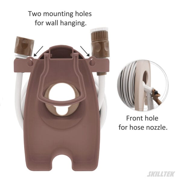 Mini hose reel with foldable handle and mounted holes. Includes hose and 7-pattern mini spray nozzle. Lightweight and family-friendly. Made in Taiwan.｜SKILLTEK