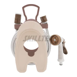 Mini hose reel with foldable handle and mounted holes. Includes hose and 7-pattern mini spray nozzle. Lightweight and family-friendly. Made in Taiwan.｜SKILLTEK
