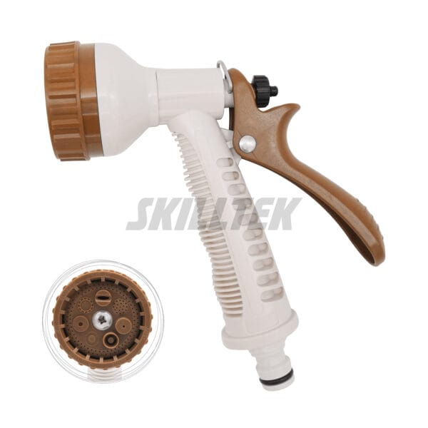 Mini hose reel with foldable handle and mounted holes. Includes hose and 7-pattern mini spray nozzle. Lightweight and family-friendly. Made in Taiwan.｜SKILLTEK