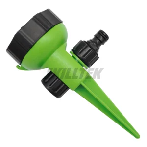 5-pattern garden sprinkler includes a 360° adjustable arc spray. Durable ABS body. With spike, no extra parts required. Made in Taiwan.｜SKILLTEK