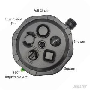 5-pattern garden sprinkler includes a 360° adjustable arc spray. Durable ABS body. With spike, no extra parts required. Made in Taiwan.｜SKILLTEK