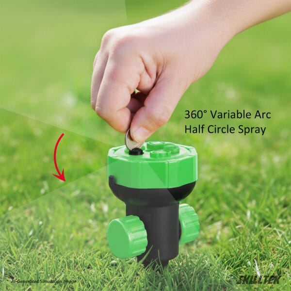 5-pattern garden sprinkler includes a 360° adjustable arc spray. Durable ABS body. With spike, no extra parts required. Made in Taiwan.｜SKILLTEK