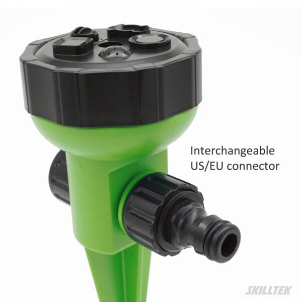 5-pattern garden sprinkler includes a 360° adjustable arc spray. Durable ABS body. With spike, no extra parts required. Made in Taiwan.｜SKILLTEK