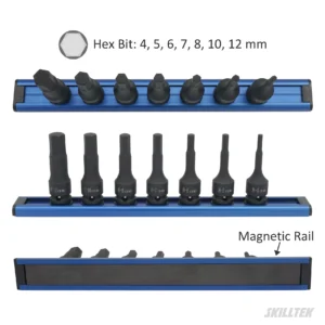 7pc 3/8" hex bit impact socket set made of Cr-Mo steel. Exceeds ASME/DIN torque standards. Durable magnetic rail, precision fit. Manufacturer from Taiwan