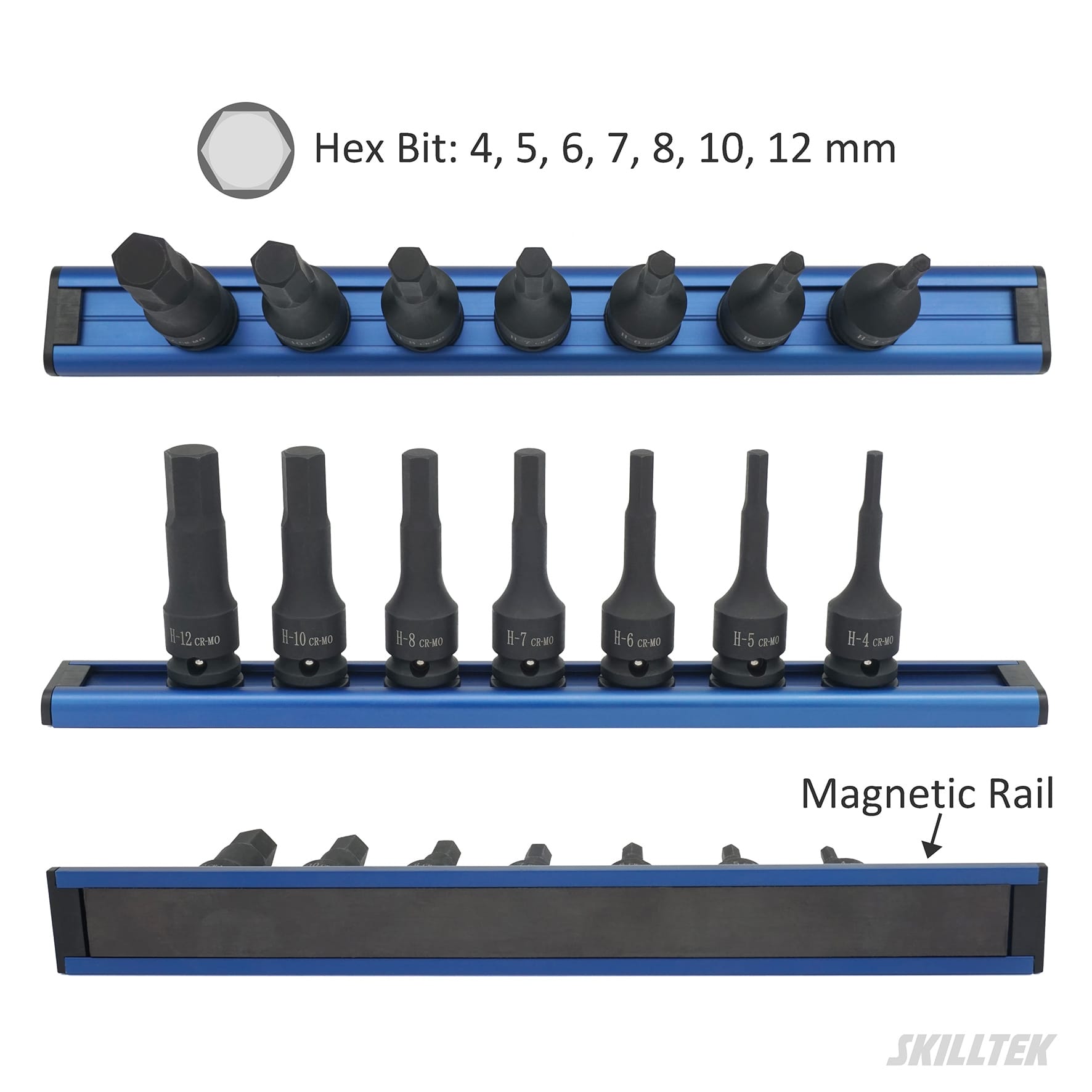 7pc 3/8" hex bit impact socket set made of Cr-Mo steel. Exceeds ASME/DIN torque standards. Durable magnetic rail, precision fit. Manufacturer from Taiwan