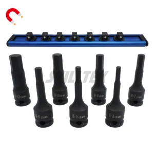 7pc 3/8" hex bit impact socket set made of Cr-Mo steel. Exceeds ASME/DIN torque standards. Durable magnetic rail, precision fit. Manufacturer from Taiwan