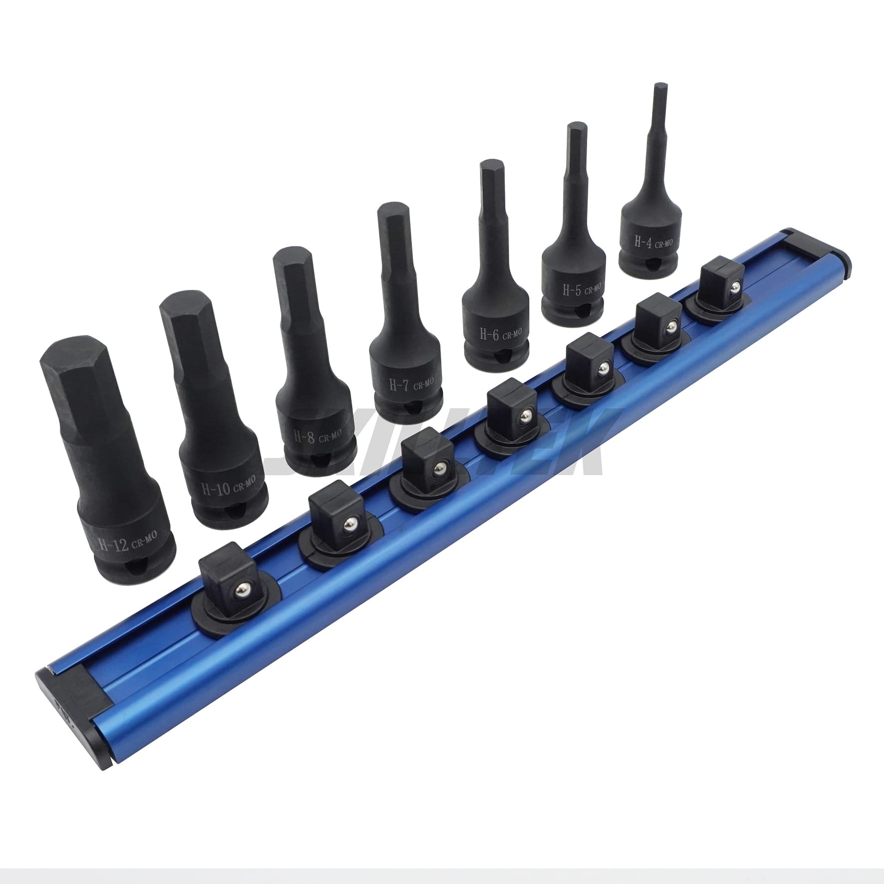 7pc 3/8" hex bit impact socket set made of Cr-Mo steel. Exceeds ASME/DIN torque standards. Durable magnetic rail, precision fit. Manufacturer from Taiwan