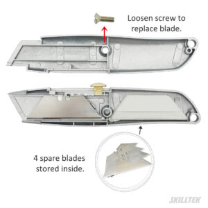 Zinc alloy retractable utility knife with secure interlocking nose, five blade positions, and storage for four spare blades. Lightweight metal body for reliable professional use. Made in Taiwan.