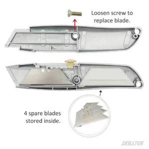 Zinc alloy retractable utility knife with secure interlocking nose, five blade positions, and storage for four spare blades. Lightweight metal body for reliable professional use. Made in Taiwan.