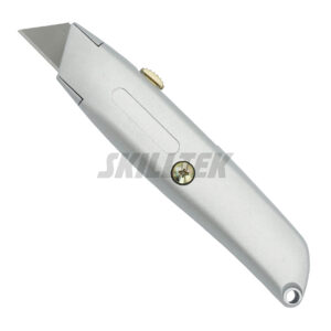 Zinc alloy retractable utility knife with secure interlocking nose, five blade positions, and storage for four spare blades. Lightweight metal body for reliable professional use. Made in Taiwan.