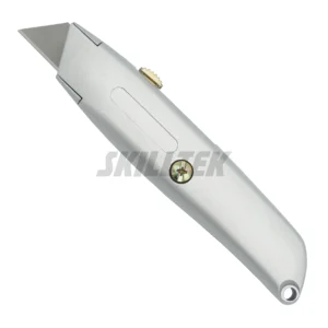 Zinc alloy retractable utility knife with secure interlocking nose, five blade positions, and storage for four spare blades. Lightweight metal body for reliable professional use. Made in Taiwan.