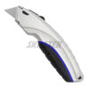Ergonomic aluminum utility knife with ABS+TPR anti-slip grip, five blade positions, and storage for four spare blades. Streamlined thicker body for safe, stable cutting. Made in Taiwan.
