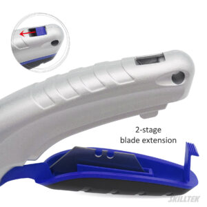 Ergonomic aluminum utility knife with ABS+TPR anti-slip grip, five blade positions, and storage for four spare blades. Streamlined thicker body for safe, stable cutting. Made in Taiwan.