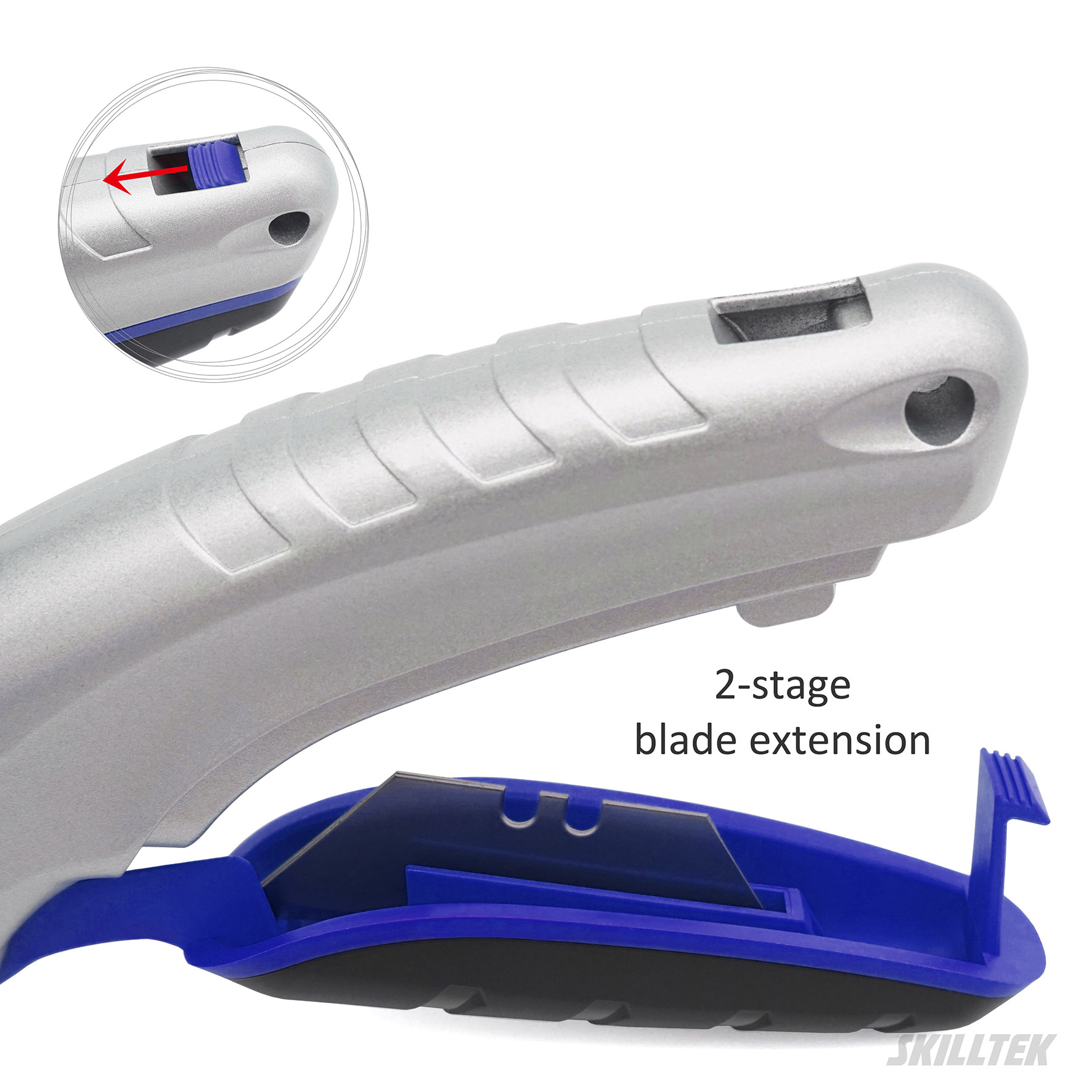 Ergonomic aluminum utility knife with ABS+TPR anti-slip grip, five blade positions, and storage for four spare blades. Streamlined thicker body for safe, stable cutting. Made in Taiwan.