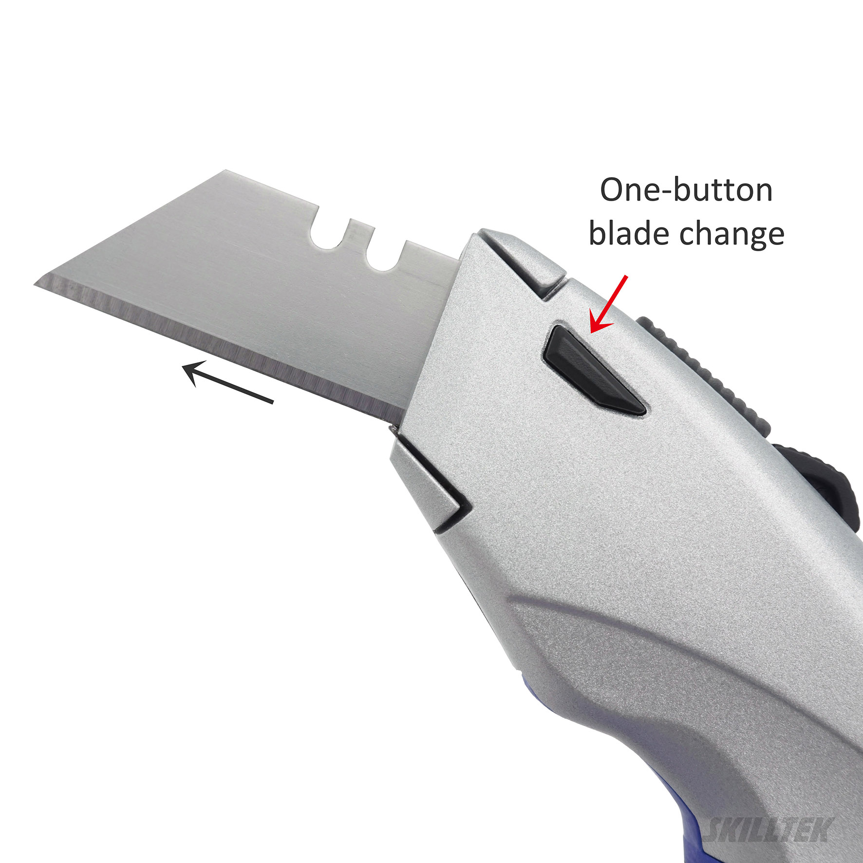 Ergonomic aluminum utility knife with ABS+TPR anti-slip grip, five blade positions, and storage for four spare blades. Streamlined thicker body for safe, stable cutting. Made in Taiwan.