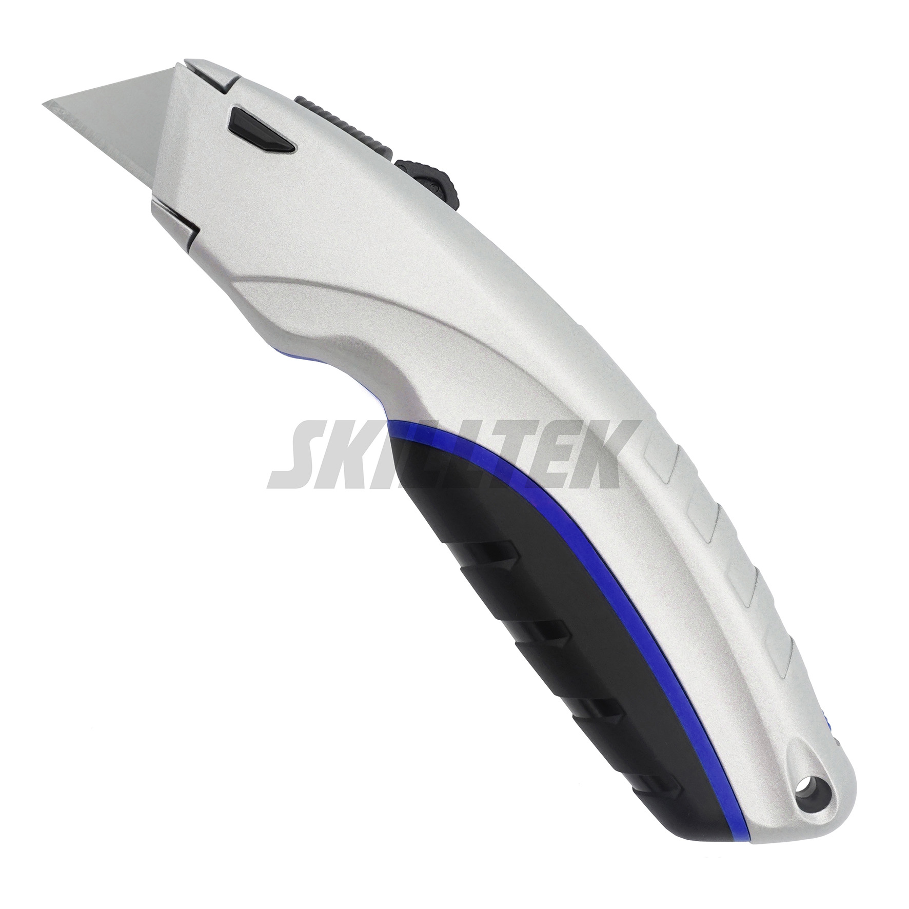 Ergonomic aluminum utility knife with ABS+TPR anti-slip grip, five blade positions, and storage for four spare blades. Streamlined thicker body for safe, stable cutting. Made in Taiwan.