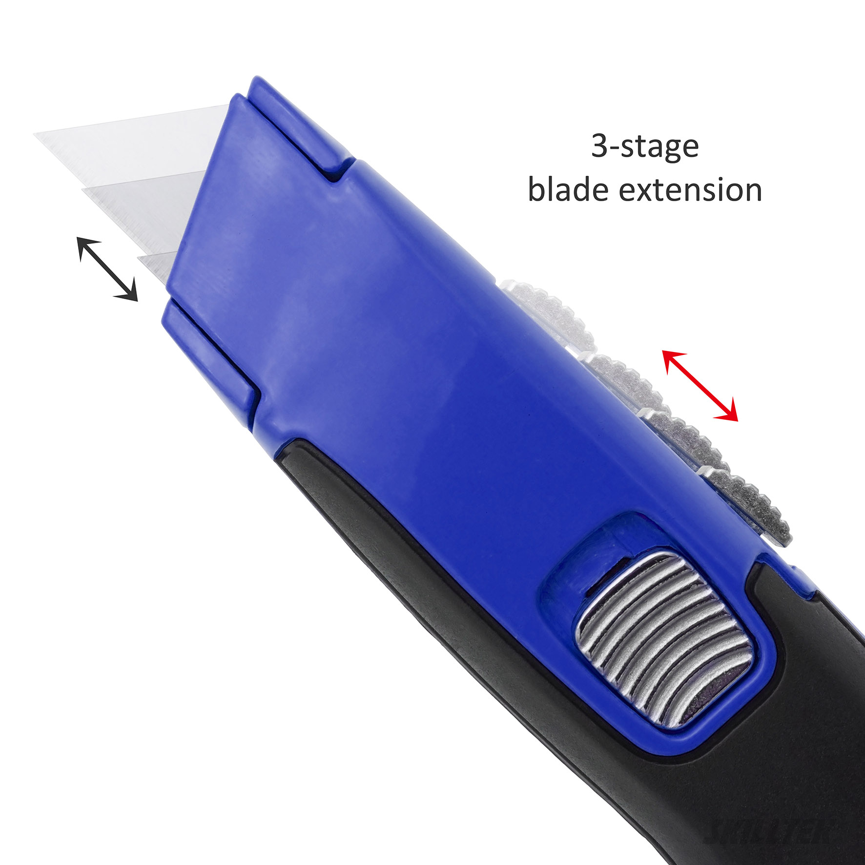 Quick-open aluminum utility knife with TPR grip, SK2 blade, and instant shell-open mechanism for fast blade changes. Customizable coating and logo printing available. Made in Taiwan.