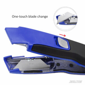 Quick-open aluminum utility knife with TPR grip, SK2 blade, and instant shell-open mechanism for fast blade changes. Customizable coating and logo printing available. Made in Taiwan.