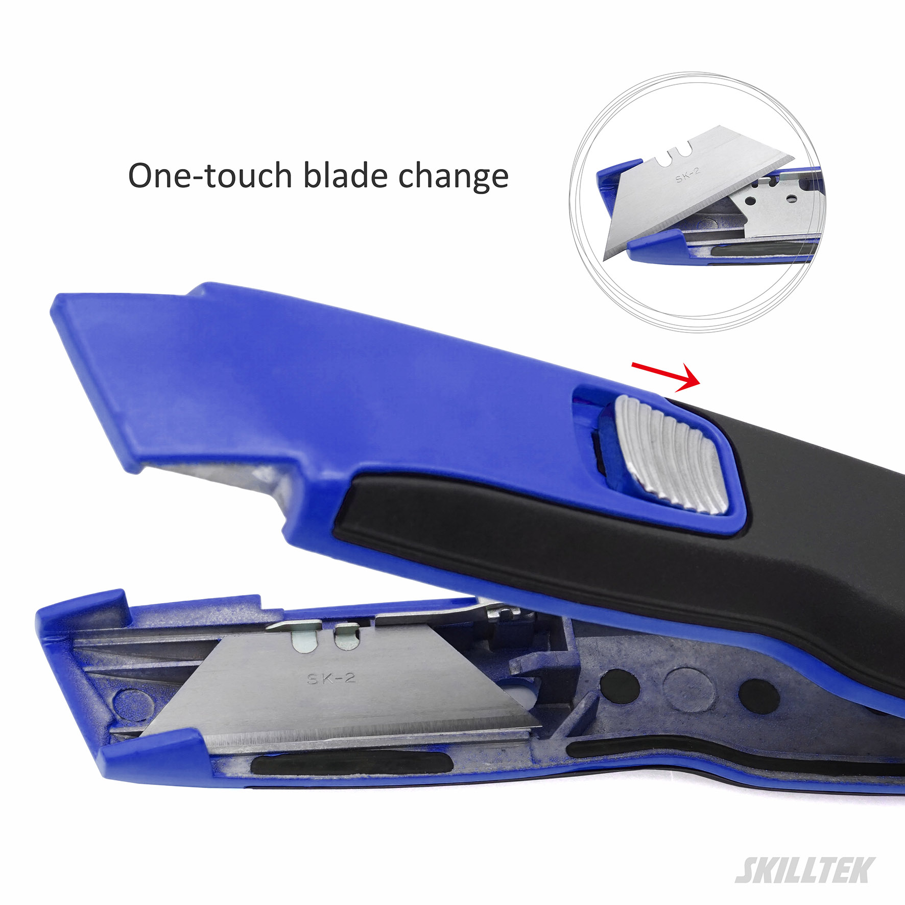 Quick-open aluminum utility knife with TPR grip, SK2 blade, and instant shell-open mechanism for fast blade changes. Customizable coating and logo printing available. Made in Taiwan.