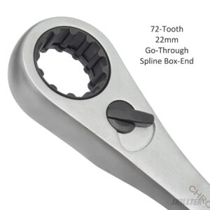 20 mm spline box-end ratcheting wrench with 72 teeth, go-through design, and anti-slip handle. Taiwan-made for durability; optional spin disc for tight spaces. Perfect for professional use.