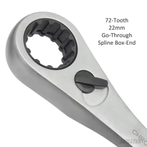 20 mm spline box-end ratcheting wrench with 72 teeth, go-through design, and anti-slip handle. Taiwan-made for durability; optional spin disc for tight spaces. Perfect for professional use.