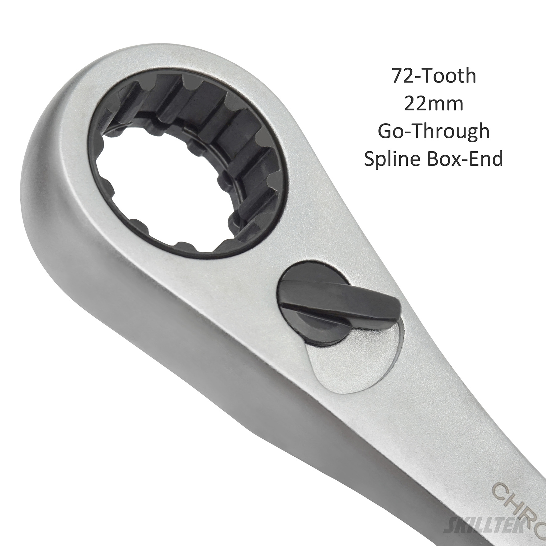20 mm spline box-end ratcheting wrench with 72 teeth, go-through design, and anti-slip handle. Taiwan-made for durability; optional spin disc for tight spaces. Perfect for professional use.