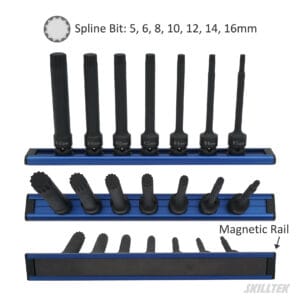 long spline impact socket set (5–16 mm) made from Cr-Mo steel. Exceeds ASME/DIN torque standards. 102 mm length with magnetic rail. Manufacturer from Taiwan