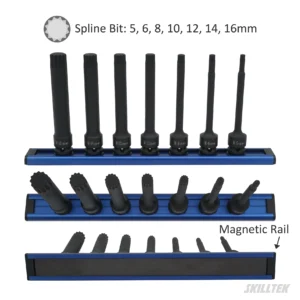 long spline impact socket set (5–16 mm) made from Cr-Mo steel. Exceeds ASME/DIN torque standards. 102 mm length with magnetic rail. Manufacturer from Taiwan