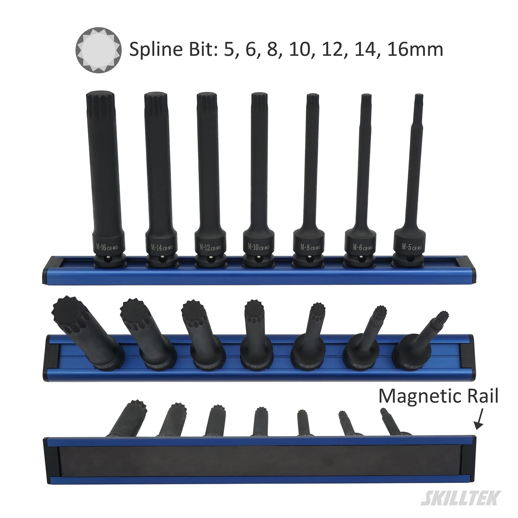 long spline impact socket set (5–16 mm) made from Cr-Mo steel. Exceeds ASME/DIN torque standards. 102 mm length with magnetic rail. Manufacturer from Taiwan