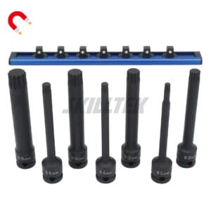 long spline impact socket set (5–16 mm) made from Cr-Mo steel. Exceeds ASME/DIN torque standards. 102 mm length with magnetic rail. Manufacturer from Taiwan