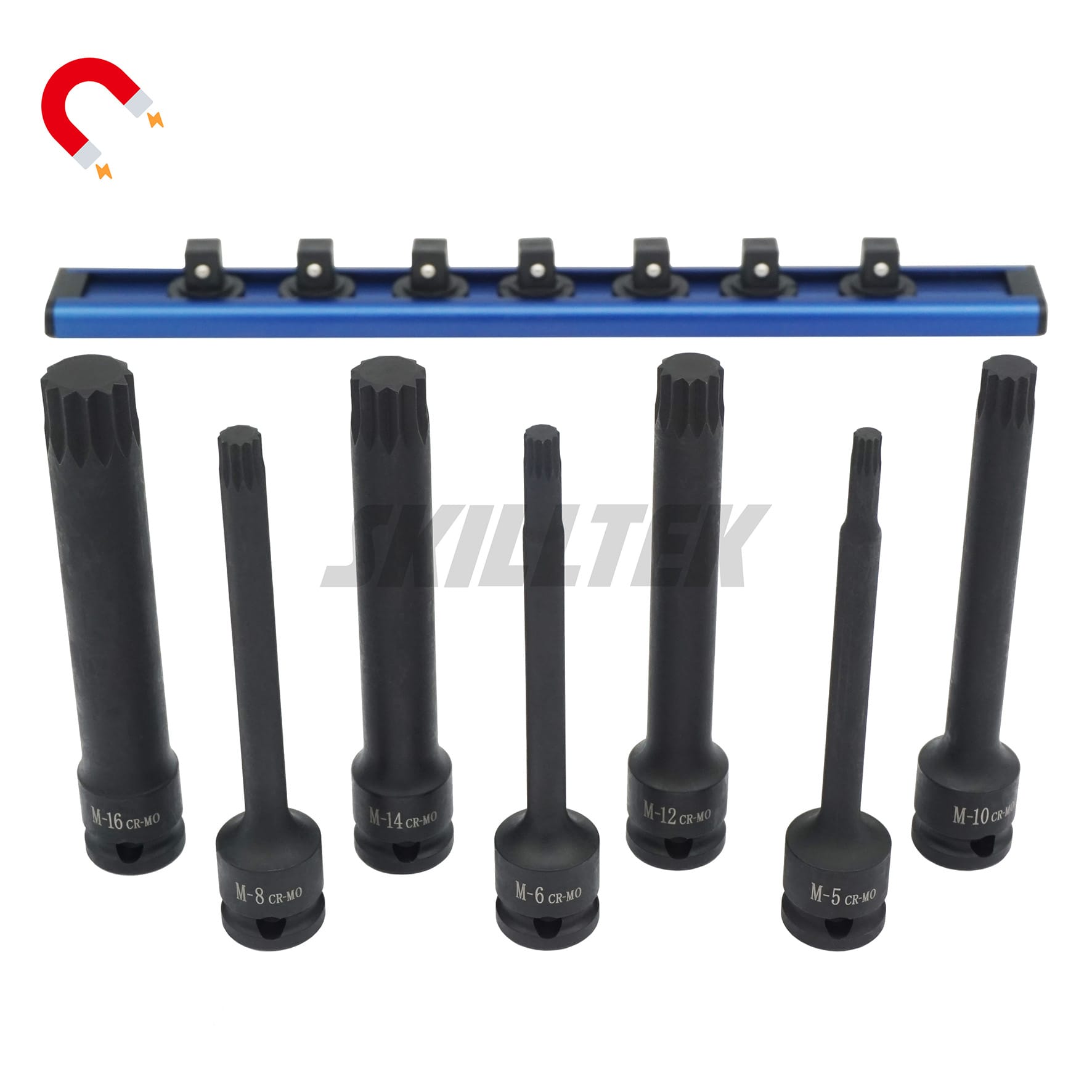 long spline impact socket set (5–16 mm) made from Cr-Mo steel. Exceeds ASME/DIN torque standards. 102 mm length with magnetic rail. Manufacturer from Taiwan