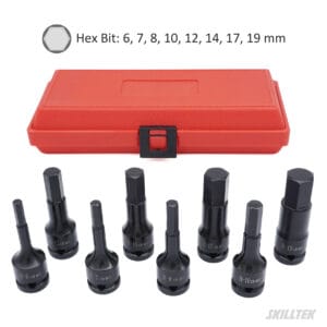 8pc 1/2″ hex bit impact socket set (6–19 mm) in Cr-Mo steel. Exceeds ASME/DIN torque standards. Includes anti-slip blow case. Made in Taiwan.