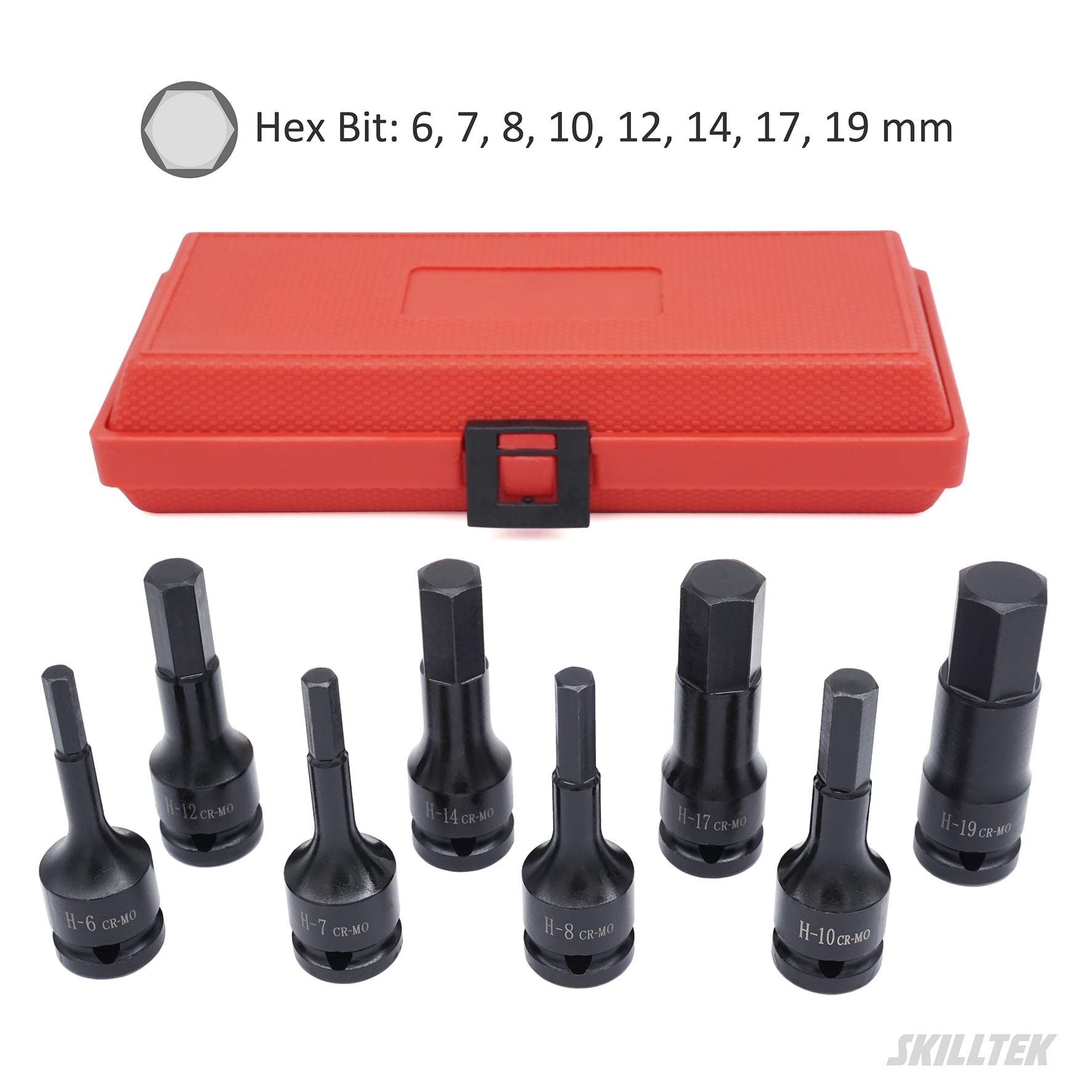 8pc 1/2″ hex bit impact socket set (6–19 mm) in Cr-Mo steel. Exceeds ASME/DIN torque standards. Includes anti-slip blow case. Made in Taiwan.