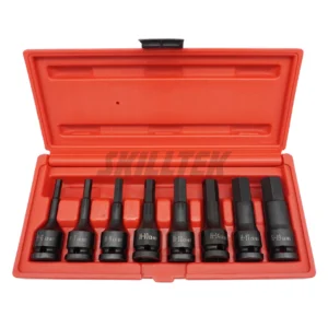 8pc 1/2″ hex bit impact socket set (6–19 mm) in Cr-Mo steel. Exceeds ASME/DIN torque standards. Includes anti-slip blow case. Made in Taiwan.