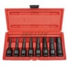 8pc 1/2" hex bit impact socket set (1/4"–3/4"). Cr-Mo steel, heavy-duty, exceeds ASME/DIN torque standards. Blow case with anti-slip texture. Made in Taiwan.